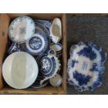 Box of assorted blue and white china to include; J Morris Llandissilio large shallow bowl, Doulton