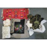 Box containing various fabric offcuts and other fabric items to include; some Victorian/Edwardian