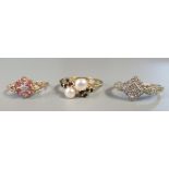 9ct gold diamond cluster ring, size R. Together with a 9ct gold gem set ring and a yellow metal