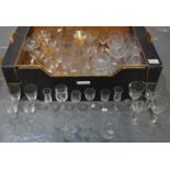 Box of glassware to include: six brandy balloons, five whisky tumblers, some etched cut glass pint