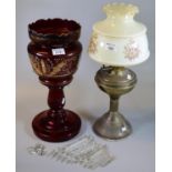 Victorian ruby glass lustre vase, together with a double oil burner with opaline glass floral
