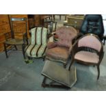 Collection of chairs to include a nursing chair, Edwardian inlaid chair, spindle back arm chair with