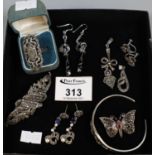 Collection of silver jewellery including a large silver and Marcasite ring. Ring size P. (B.P. 21% +