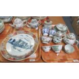 Two trays of oriental porcelain and pottery items to include; a Japanese part teaset including tea