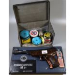Weihrauch HW70 break action air pistol .177, together with a metal box containing a number of tins