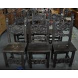 Harlequin set of six Spanish design carved dining chairs with acanthus leaf moulded decoration. (