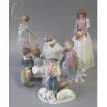 Six Nao Spanish porcelain figurines/figure groups to include; dancer, lady with puppy, young boy