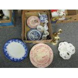 Box of mainly china to include; blue and white oriental teapot, brass candlesticks, Royal Albert '