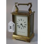 French gilt brass carriage clock with full depth Roman face marked 'Swansea Goldsmiths'. (B.P. 21% +
