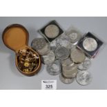 Bag of assorted coins, 5 pound coins, commemorative, etc. together with a stud box containing