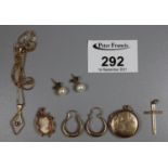 Collection of 9ct gold jewellery to include a locket, cross pendant, cultured pearl earrings etc.