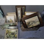 Two boxes of assorted furnishing pictures; Japanese watercolour, Chinese embroidered sleeve,