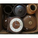 Box containing assorted items to include; a Smiths wooden mantel clock, various earthenware lidded