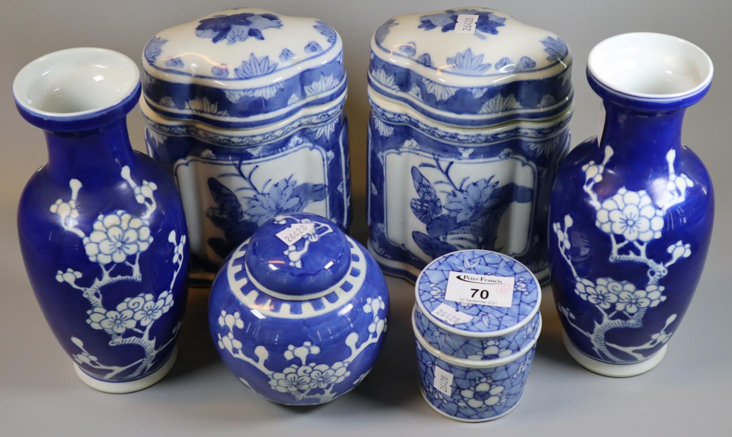Collection of assorted blue and white oriental design porcelain to include; pair of prunus blossom