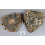 Two similar Victorian beadwork heart shaped pin cushions or sweetheart cushions with regimental