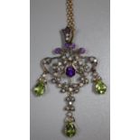 9ct gold, ?Suffragette Pendant? set with peridot, amethyst, pearls and diamonds on a 9ct gold chain.