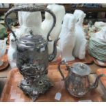 Large Victorian spirit kettle on stand, ornately decorated, with a poppy seed head knob to the lid