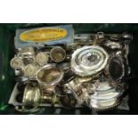 Box of assorted mostly silver plate to include; various three piece teasets, egg cups, trophy