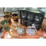 Tray containing six small Potmeirion glass tumblers etched with spring garden flowers, four