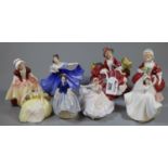 A collection of bone china figurines to include; Royal Doulton, Wade and Coalport. (8) (B.P. 21% +