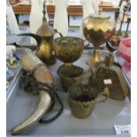 Tray of assorted metalware to include; pierced brass Art Nouveau style goblets, cups and sucrier,