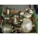 Box of mostly metalware to include; a Sheffield beaten pewter 4 piece coffee and tea set, a plated
