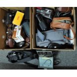 Two boxes of various camera equipment to include: an Olympus 8.0 digital camera with wide angle