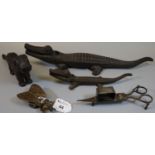 Collection of metalware items to include large crocodile nutcracker, dog nutcracker, brass bee