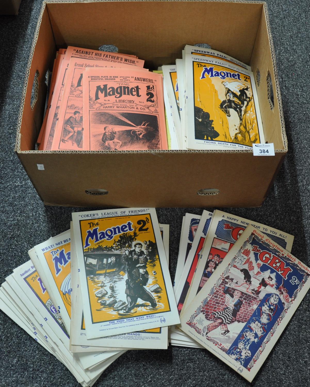 Box containing copies of 'The Magnet' comic and 'The Gem' comic dating from the 1920's onwards,