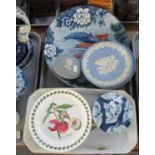 Three trays of assorted china to include; Portuguese pottery cabbage design bowls of various