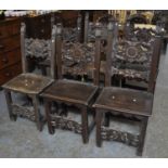 Harlequin set of six Spanish design carved dining chairs with acanthus leaf moulded decoration. (