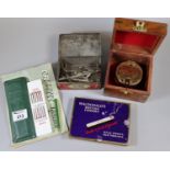 Box of oddments to include; reproduction Stanley of London compass in box, vintage MacDonald's