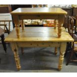 Pine farmhouse kitchen table on baluster turned legs, together with a smaller pine coffee table on