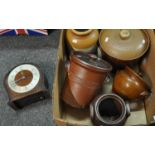 Box containing assorted items to include; a Smiths wooden mantel clock, various earthenware lidded