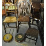 Two similar parquetry inlaid walnut Victorian footstools of circular form, together with a child's