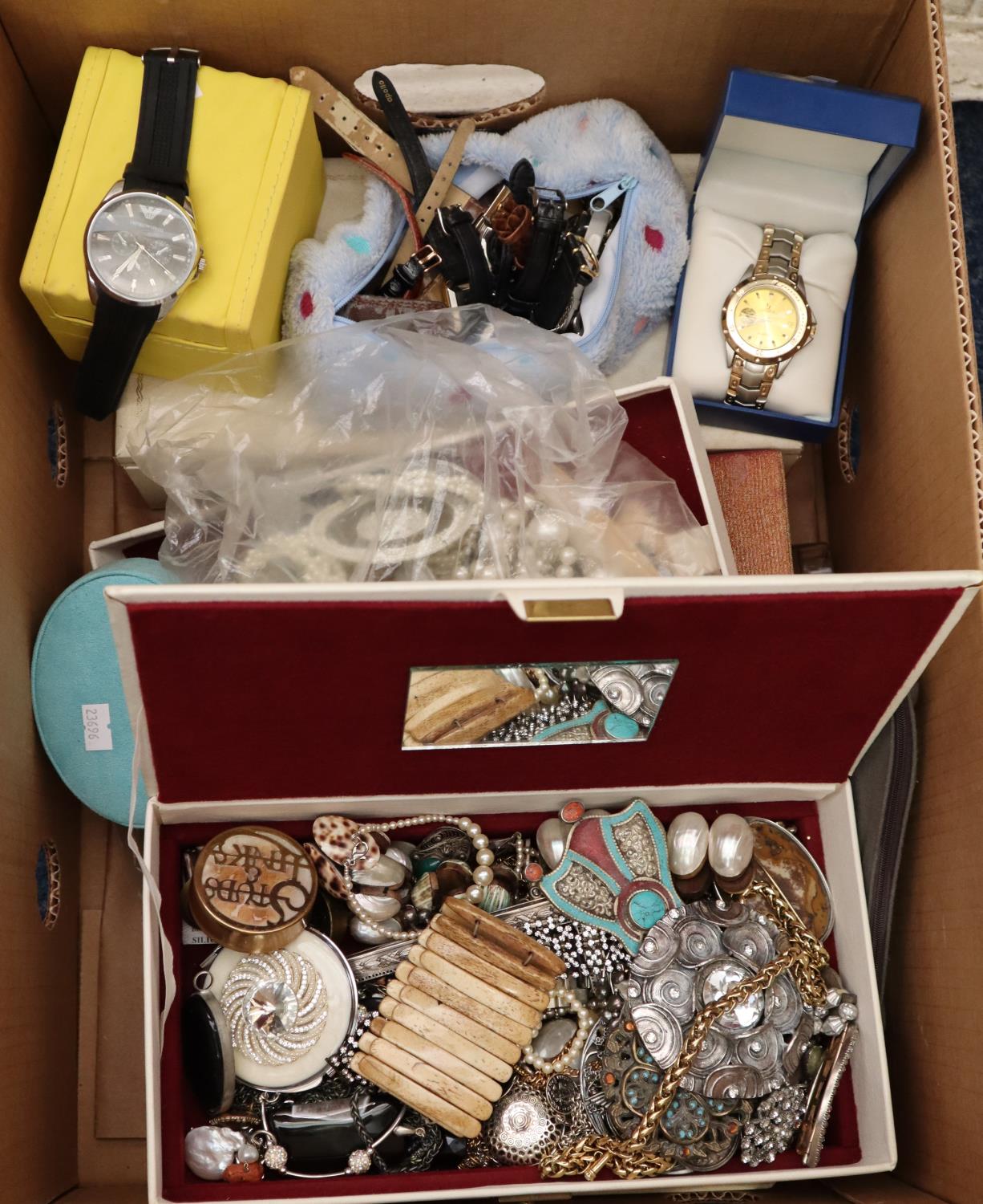 Box of assorted items to include various wrist watches, costume jewellery brooches, jewellery