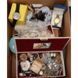 Box of assorted items to include various wrist watches, costume jewellery brooches, jewellery