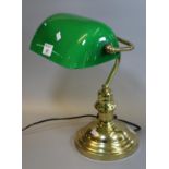 Modern brass bankers type desk lamp with green glass shade. 38cm high approx. (B.P. 21% + VAT)