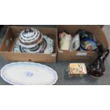 Two trays of mainly china to include; large soup tureen and stand, large blue and white fish