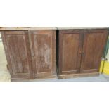 Two similar rustic pitch pine two door blind panelled cupboards with fitted shelves. (B.P. 21% +