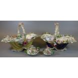 Two Coalport floral encrusted yellow and cobalt blue ground shell single handled baskets, hand