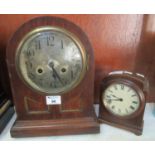 Early 20th Century oak arched two train mantel clock with Arabic silvered dial, together with a