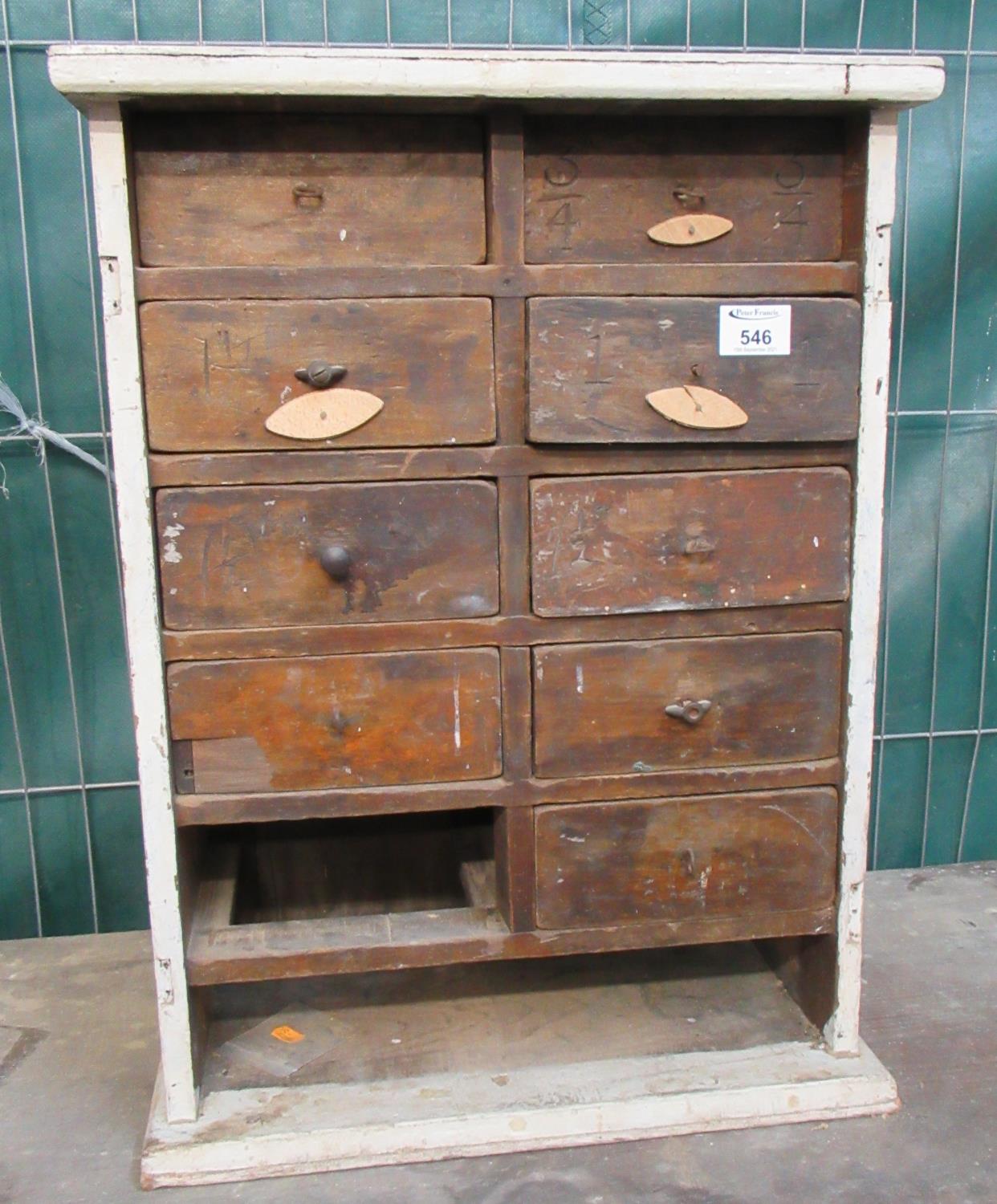 Vintage table top miniature carpenters chest of drawers, two drawers missing. (B.P. 21% + VAT)