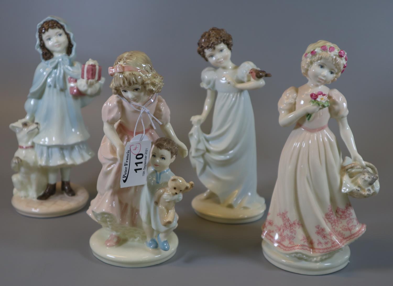 Four Coalport bone china limited edition figurines to include; 'Innocence', 'A present for Grandma',