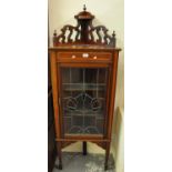 Edwardian mahogany inlaid single door lead stained glass free standing corner cabinet on tapering