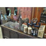 Collection of decorative items to include; pair of metal peacocks, pair of metal chickens,