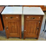 Pair of early 20th Century oak single drawer marble top pot cupboards. (2) (B.P. 21% + VAT)