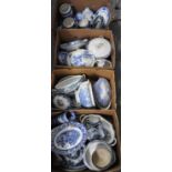 Four boxes of 19th & 20th Century blue and white china to include: 'Willow' pattern Pountney