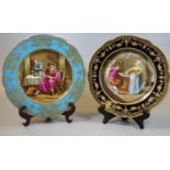 Two similar Sevres porcelain cabinet plates with turquoise and black borders, gilt decoration, the