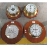 Two similar brass bulkhead type marine style clocks with barometer and another pair similar. (4) (